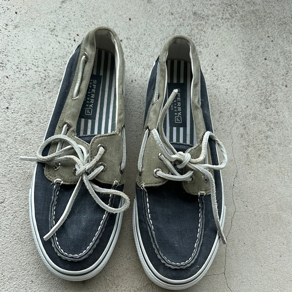 Sperry Gray and Tan Boat Shoes with Moccasin Stitching